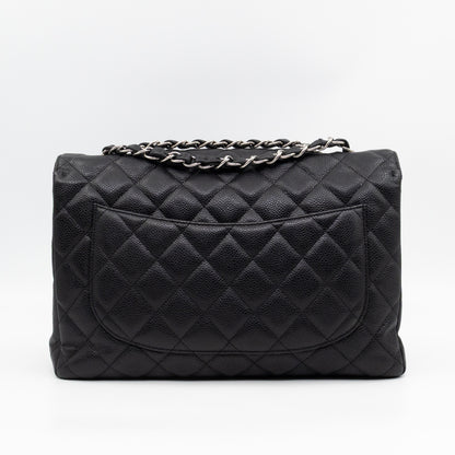 Classic Single Flap Jumbo Black Caviarskin Leather Silver