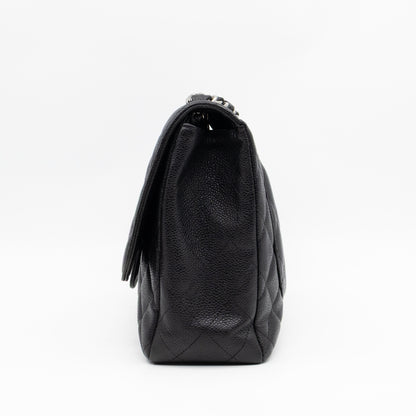 Classic Single Flap Jumbo Black Caviarskin Leather Silver