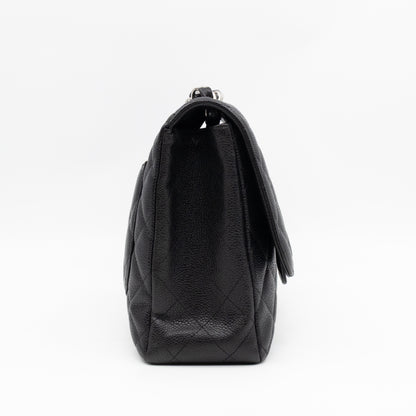 Classic Single Flap Jumbo Black Caviarskin Leather Silver
