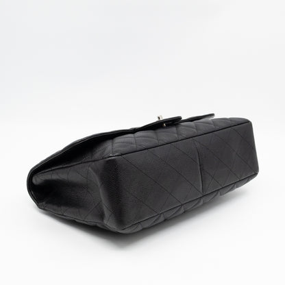 Classic Single Flap Jumbo Black Caviarskin Leather Silver