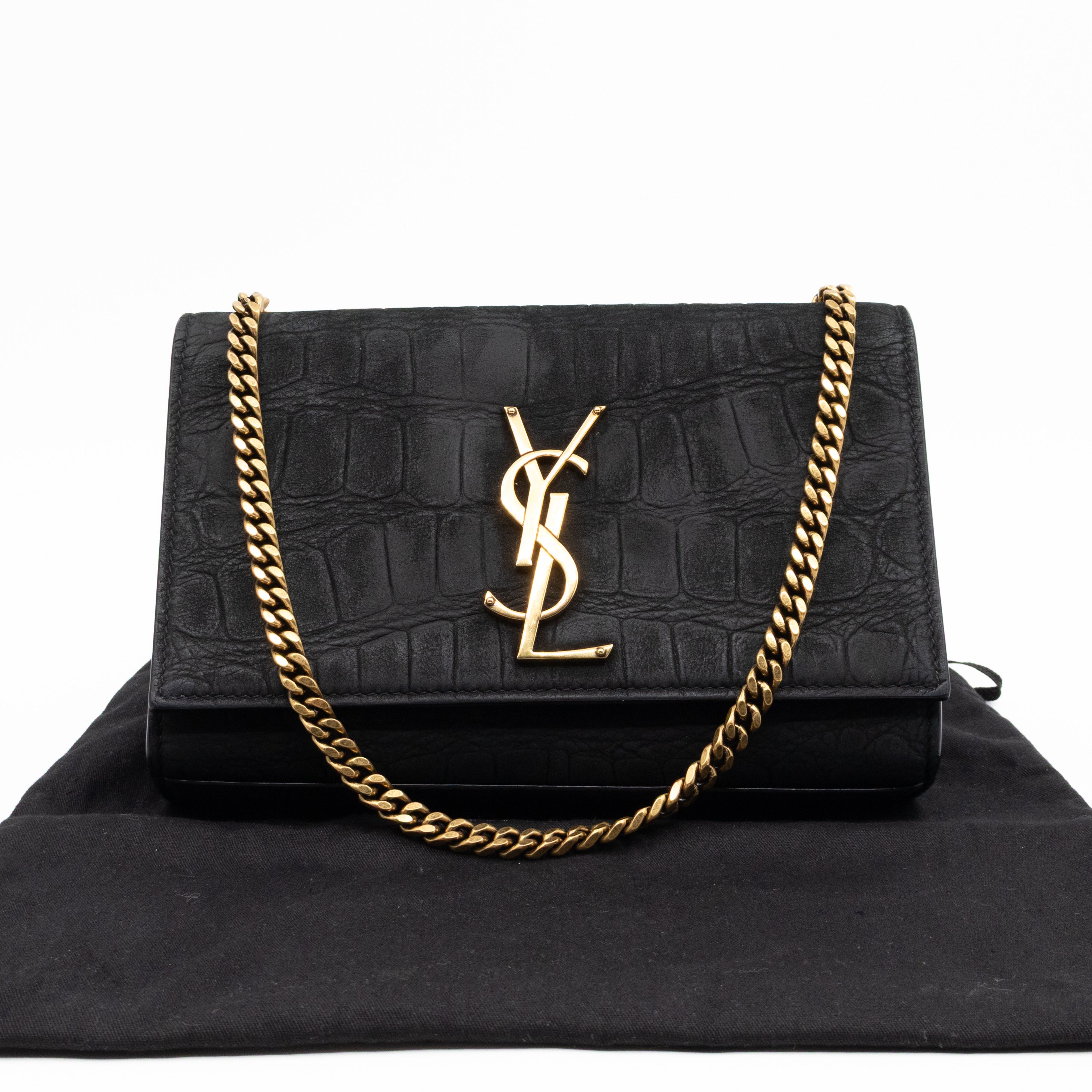 Kate Small Black Croc Embossed Nubuck Leather