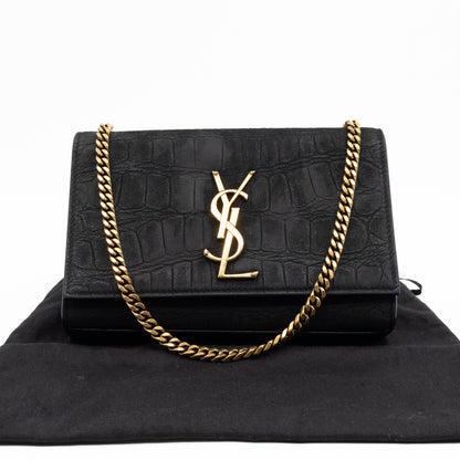Kate Small Black Croc Embossed Nubuck Leather