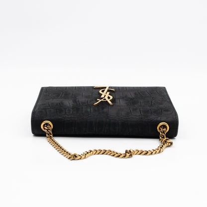 Kate Small Black Croc Embossed Nubuck Leather