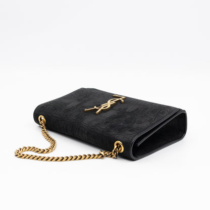 Kate Small Black Croc Embossed Nubuck Leather