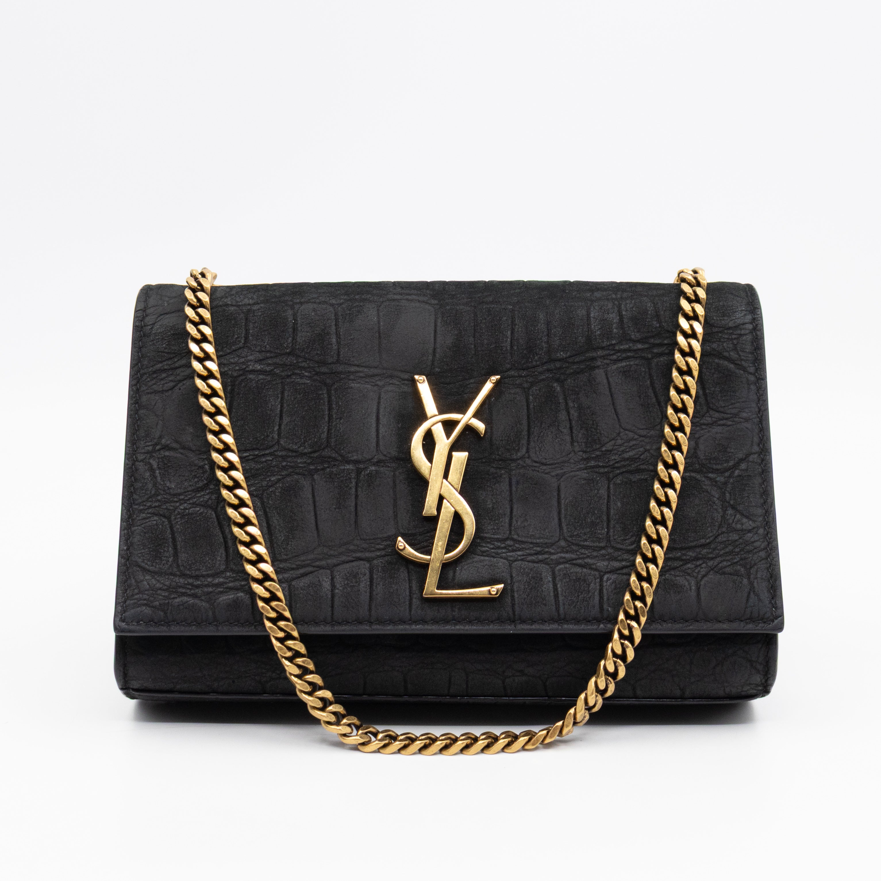 Kate Small Black Croc Embossed Nubuck Leather
