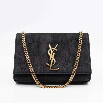 Kate Small Black Croc Embossed Nubuck Leather