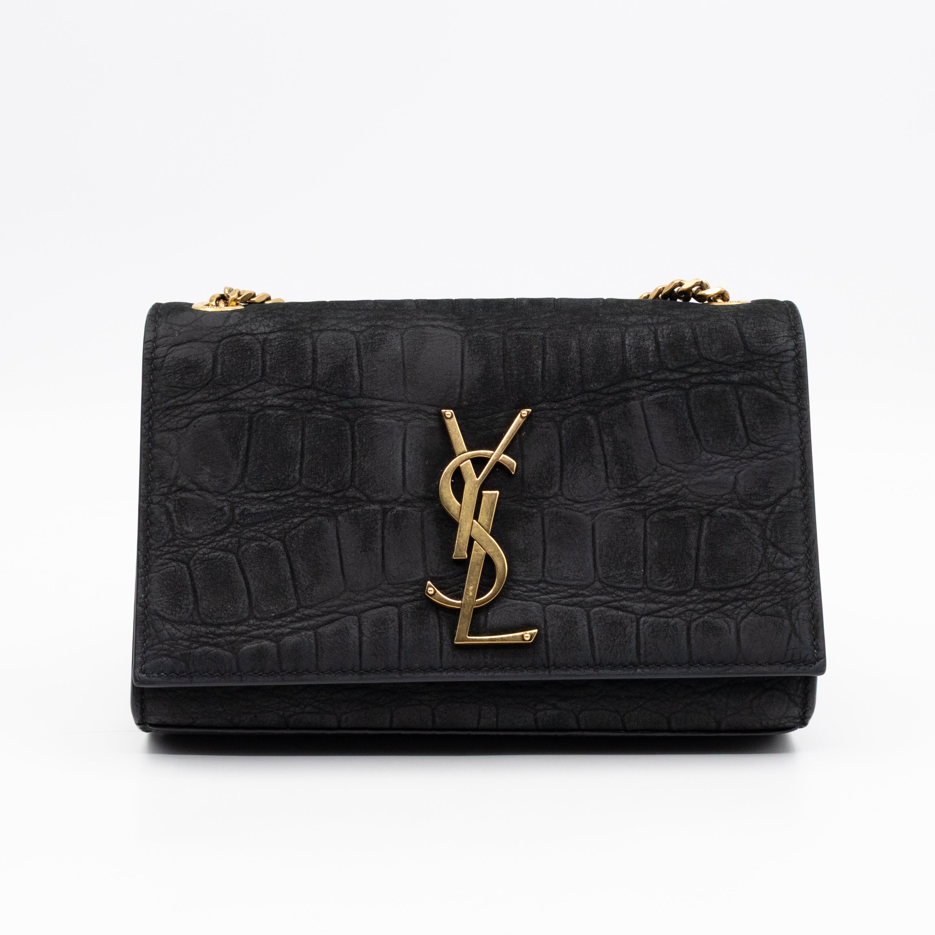 Kate Small Black Croc Embossed Nubuck Leather