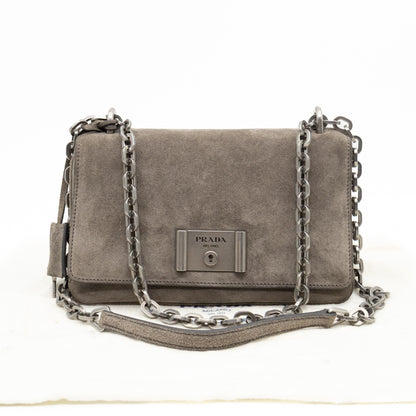 Chain Flap Shoulder Bag Grey Suede