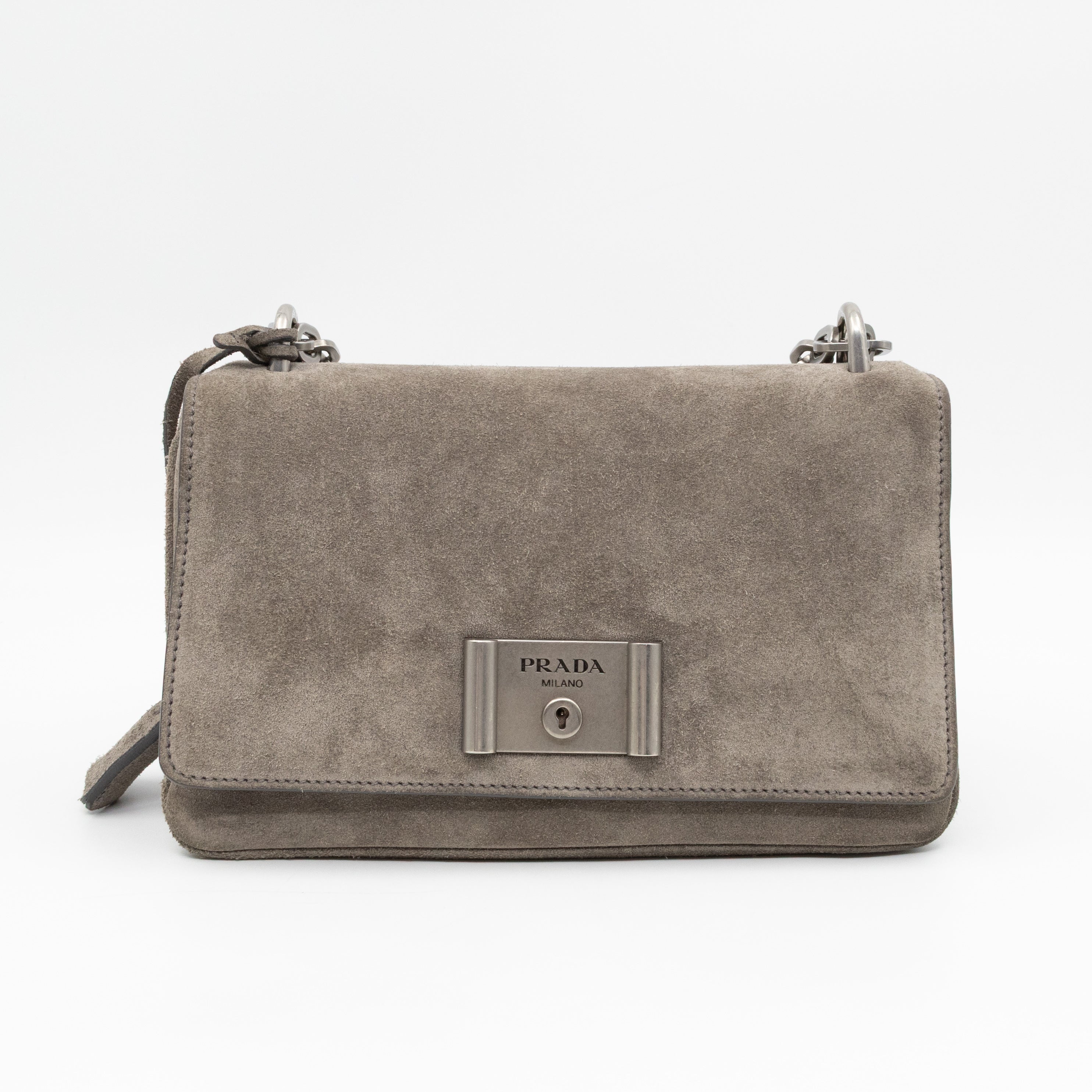 Chain Flap Shoulder Bag Grey Suede