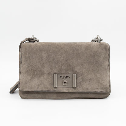 Chain Flap Shoulder Bag Grey Suede