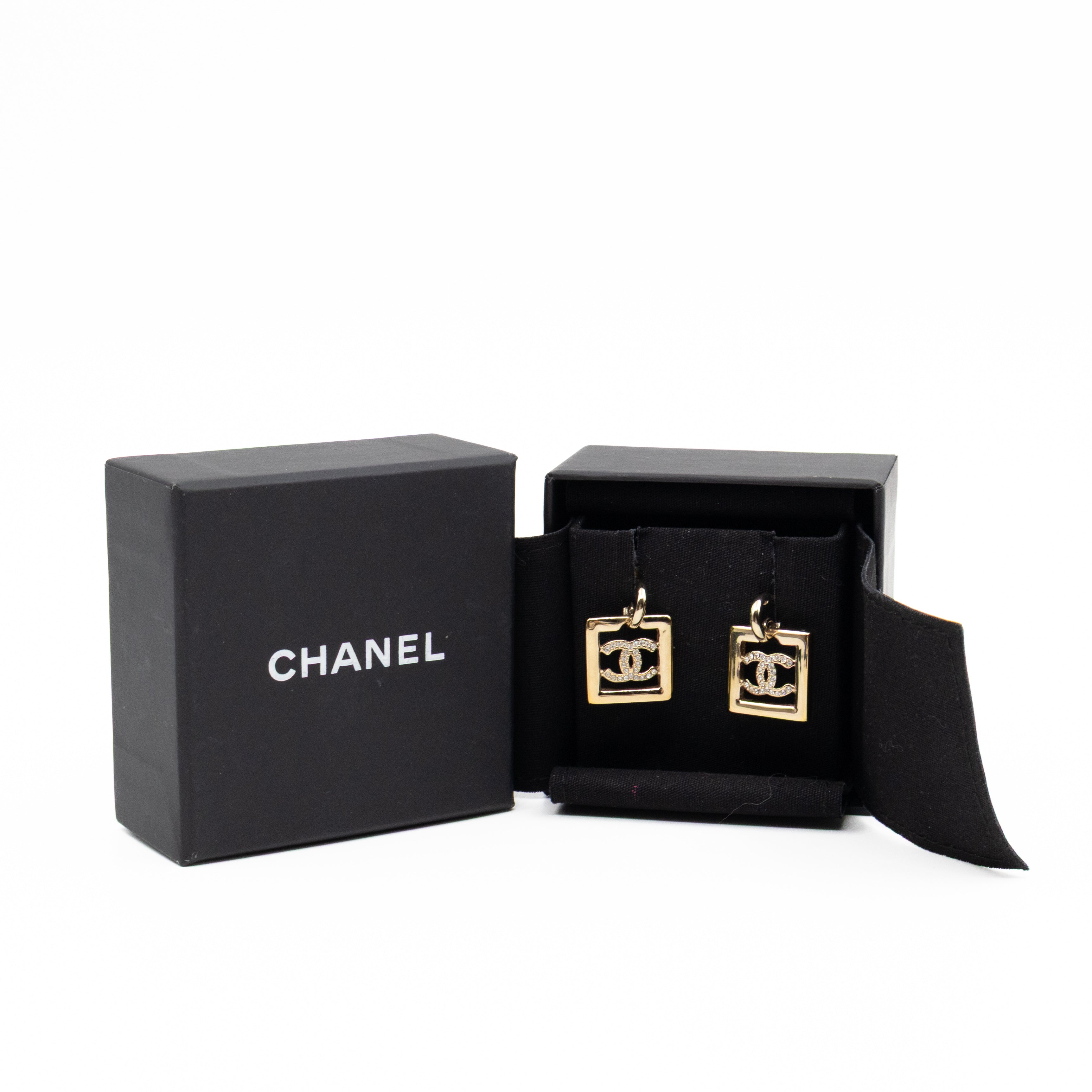 CC in Square Crystal Dangle Earrings Gold