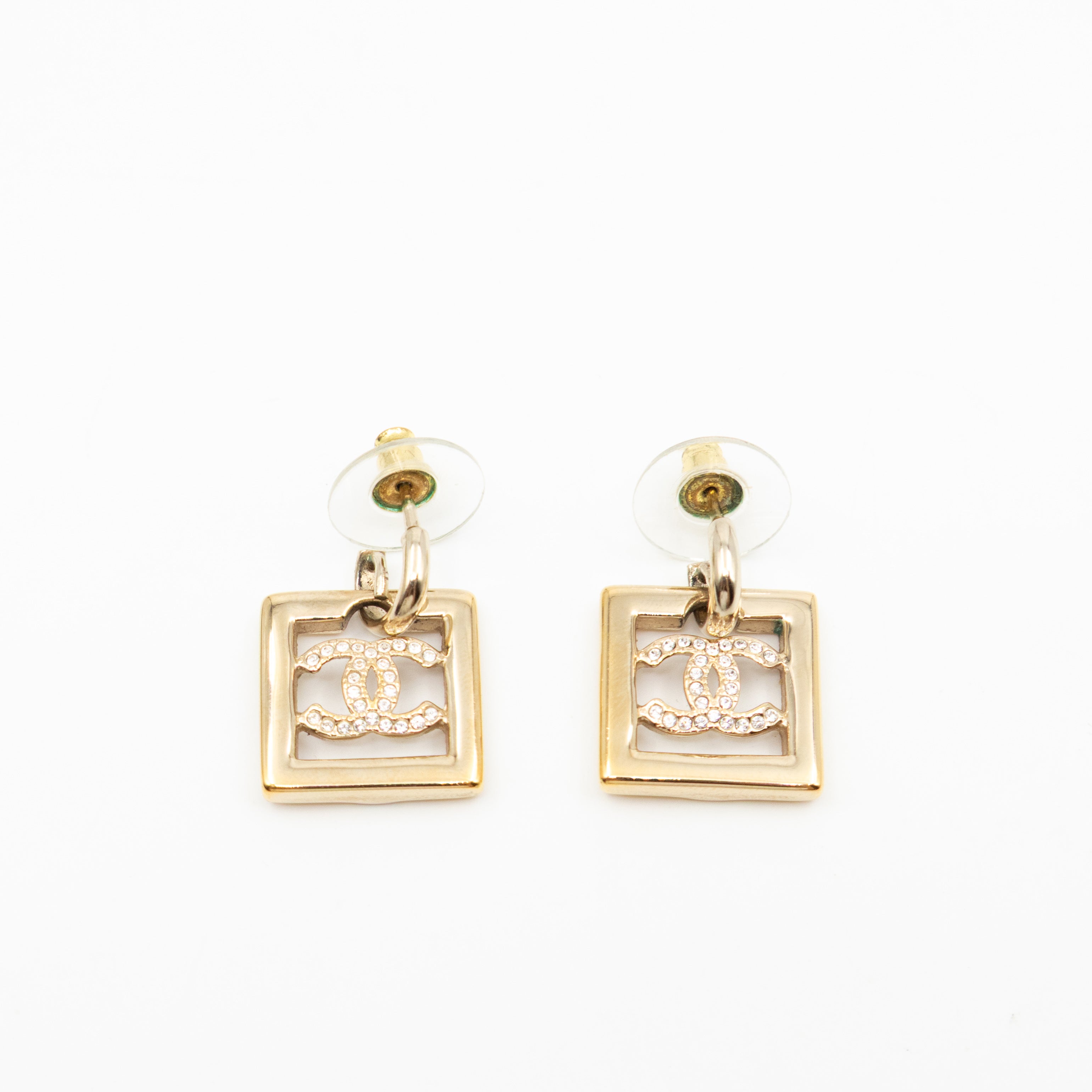 CC in Square Crystal Dangle Earrings Gold