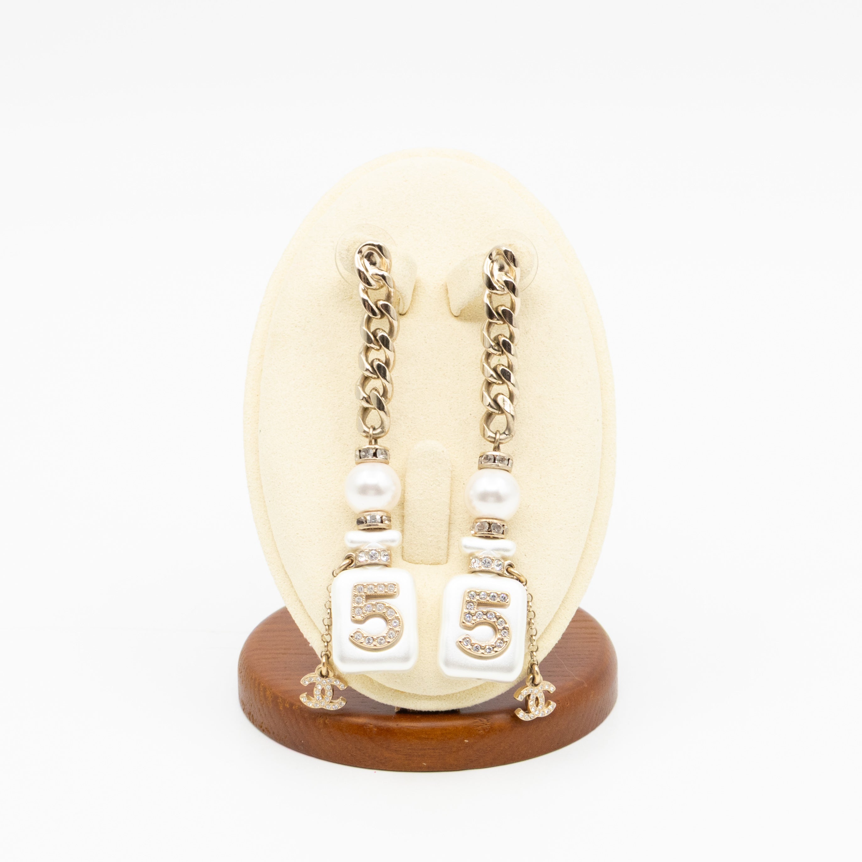 Perfume Bottle 5 Pearl Drop Earrings White Light Gold