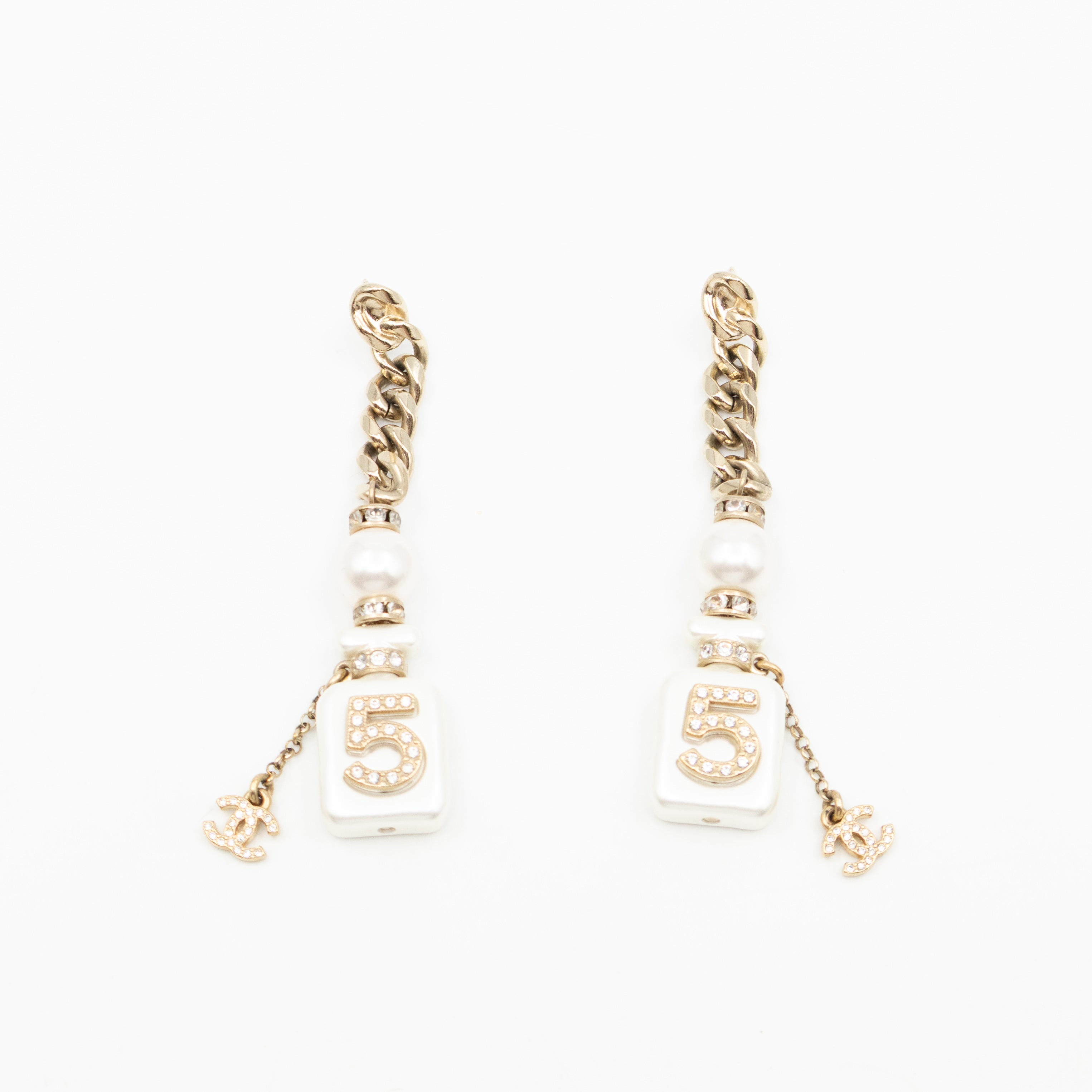 Perfume Bottle 5 Pearl Drop Earrings White Light Gold