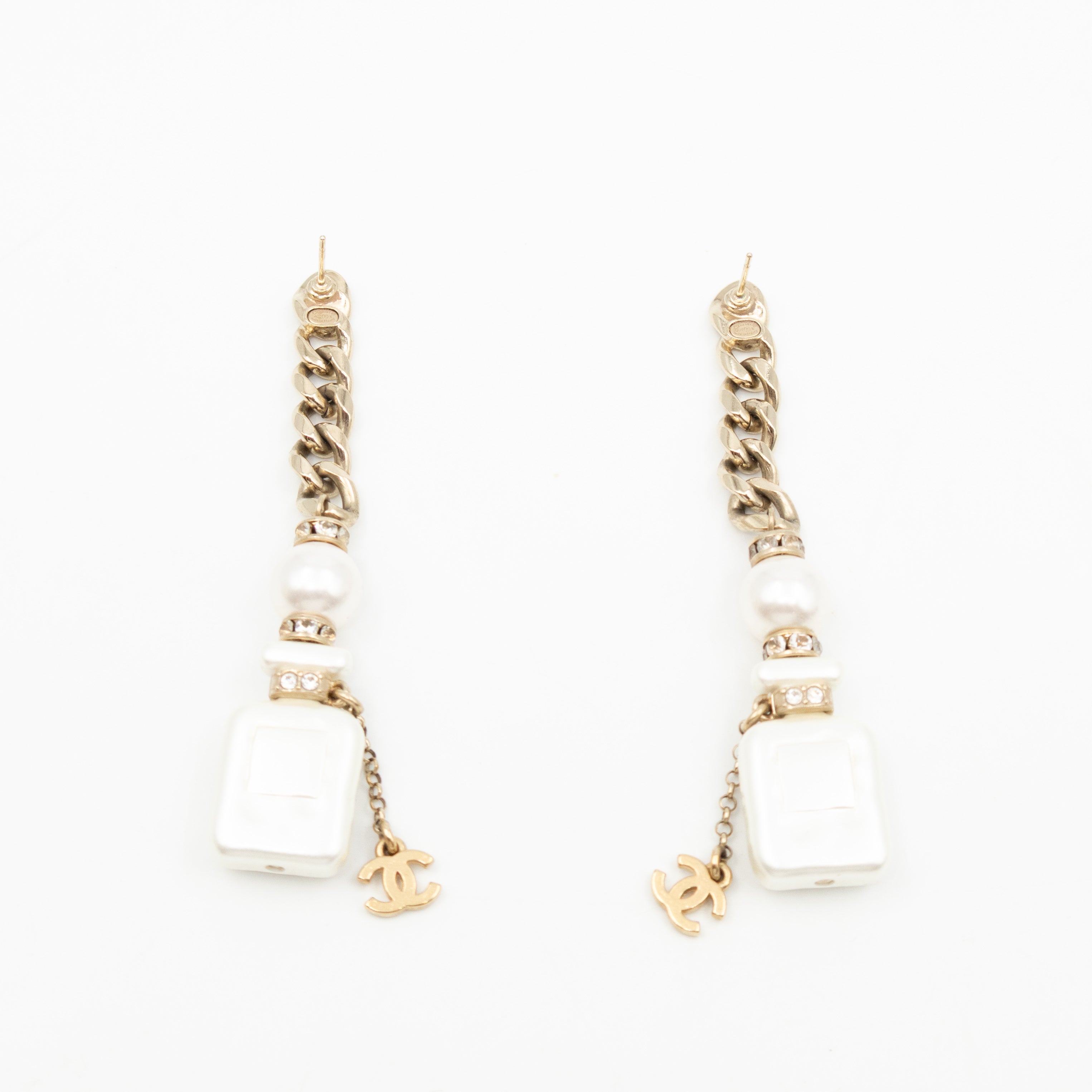 Perfume Bottle 5 Pearl Drop Earrings White Light Gold
