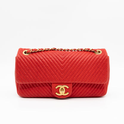 Medallion Charm Flap Bag Medium Red Chevron Calfskin Leather
