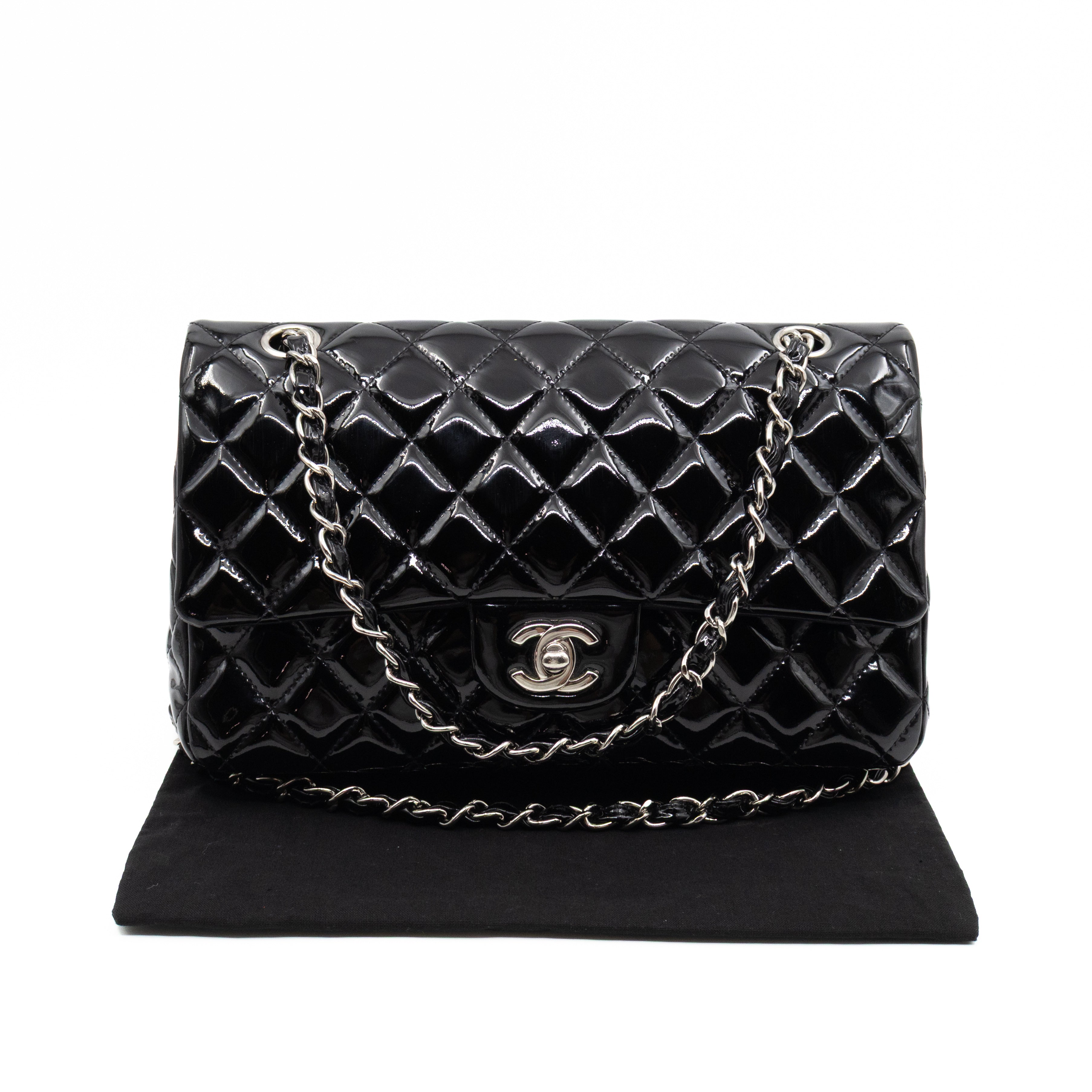 Classic Double Flap Medium Black Patent Leather Silver