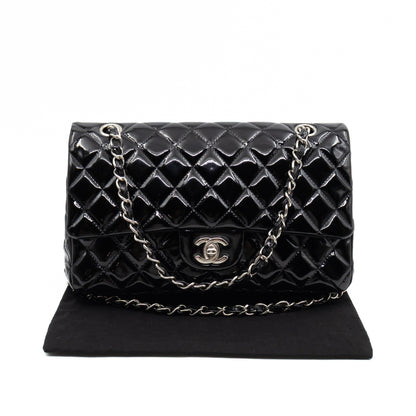 Classic Double Flap Medium Black Patent Leather Silver
