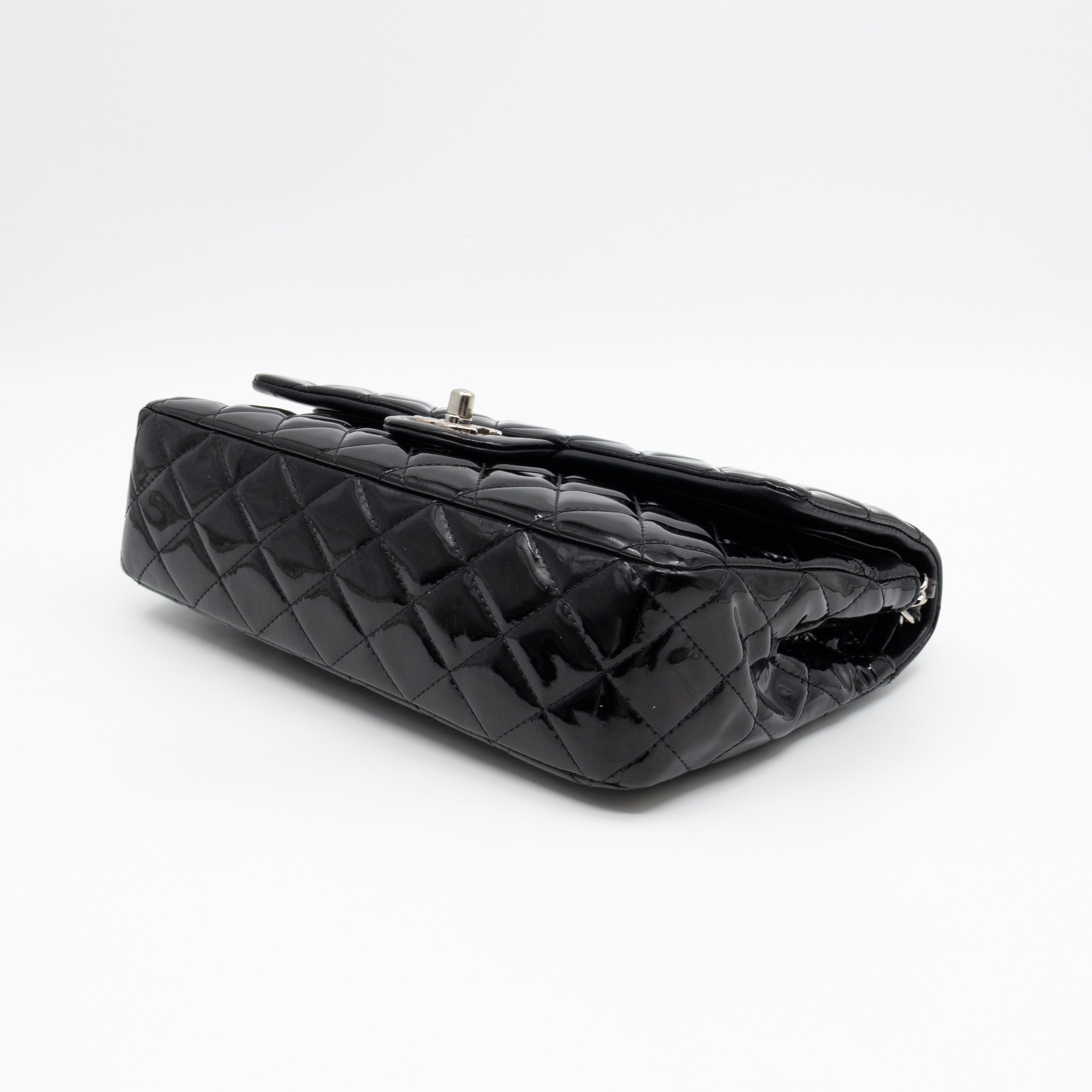 Classic Double Flap Medium Black Patent Leather Silver