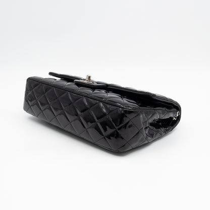 Classic Double Flap Medium Black Patent Leather Silver