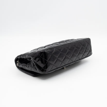 Classic Double Flap Medium Black Patent Leather Silver