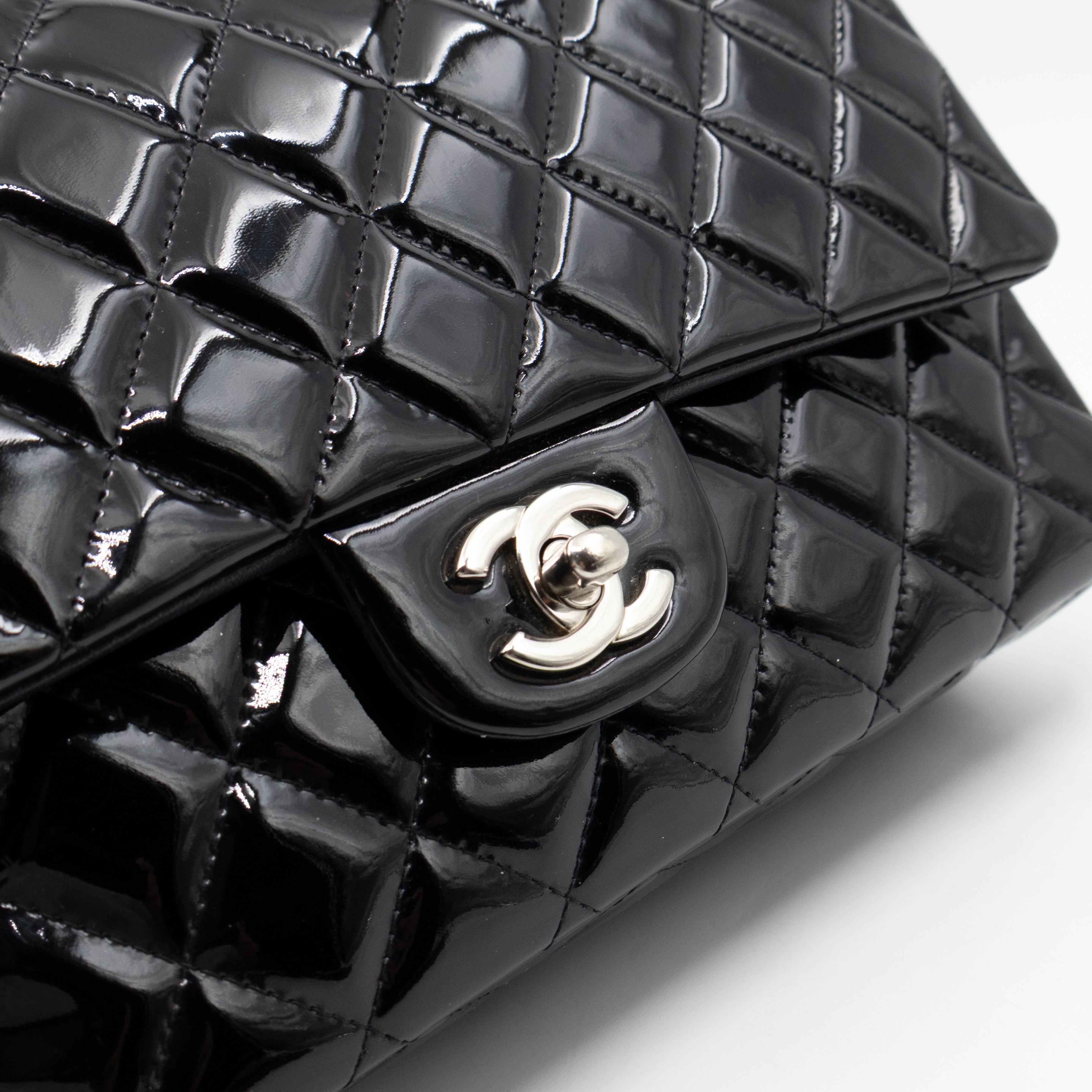 Classic Double Flap Medium Black Patent Leather Silver