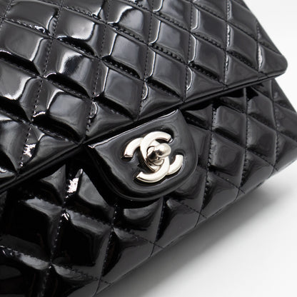 Classic Double Flap Medium Black Patent Leather Silver
