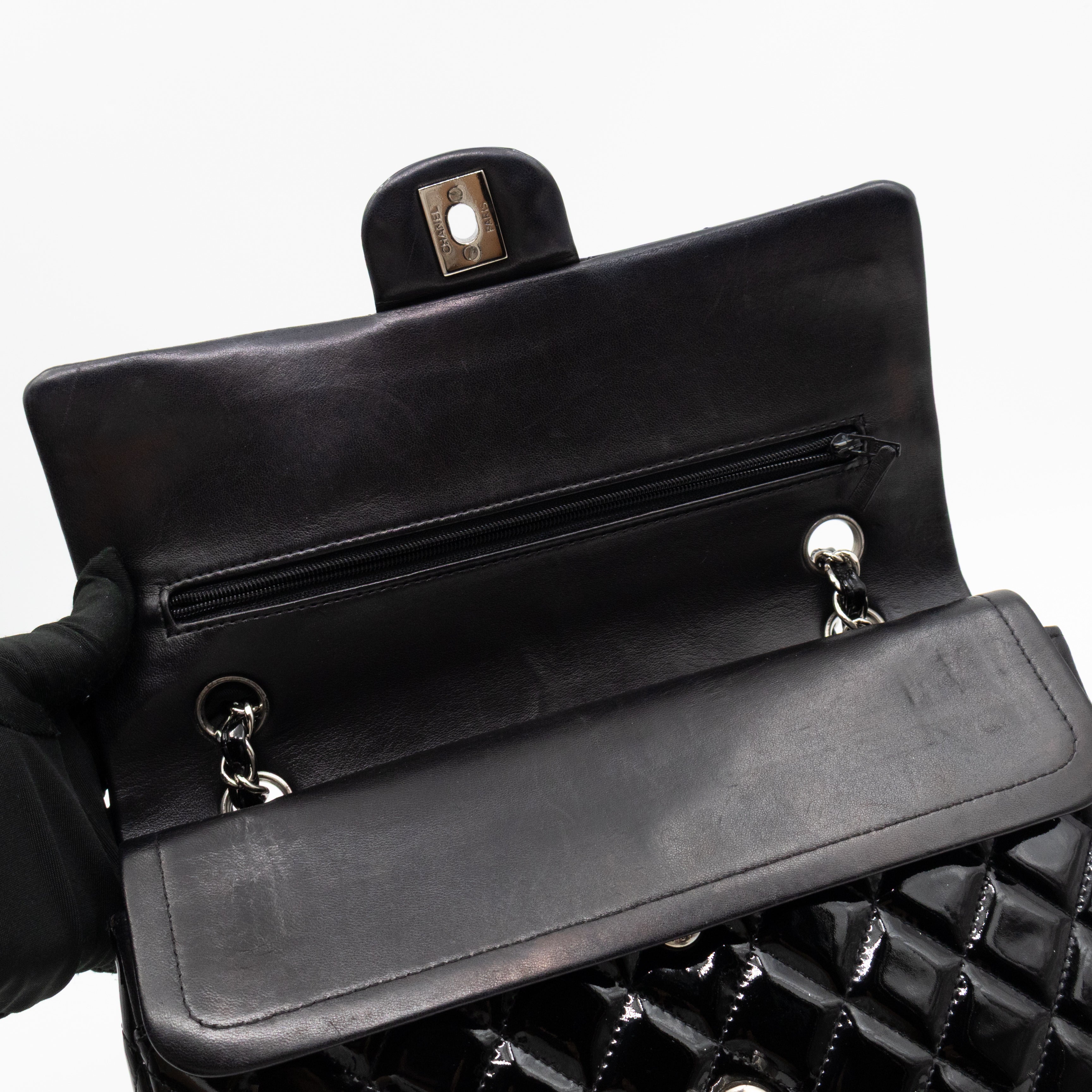 Classic Double Flap Medium Black Patent Leather Silver