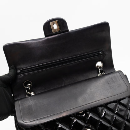 Classic Double Flap Medium Black Patent Leather Silver