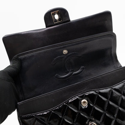 Classic Double Flap Medium Black Patent Leather Silver