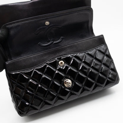 Classic Double Flap Medium Black Patent Leather Silver