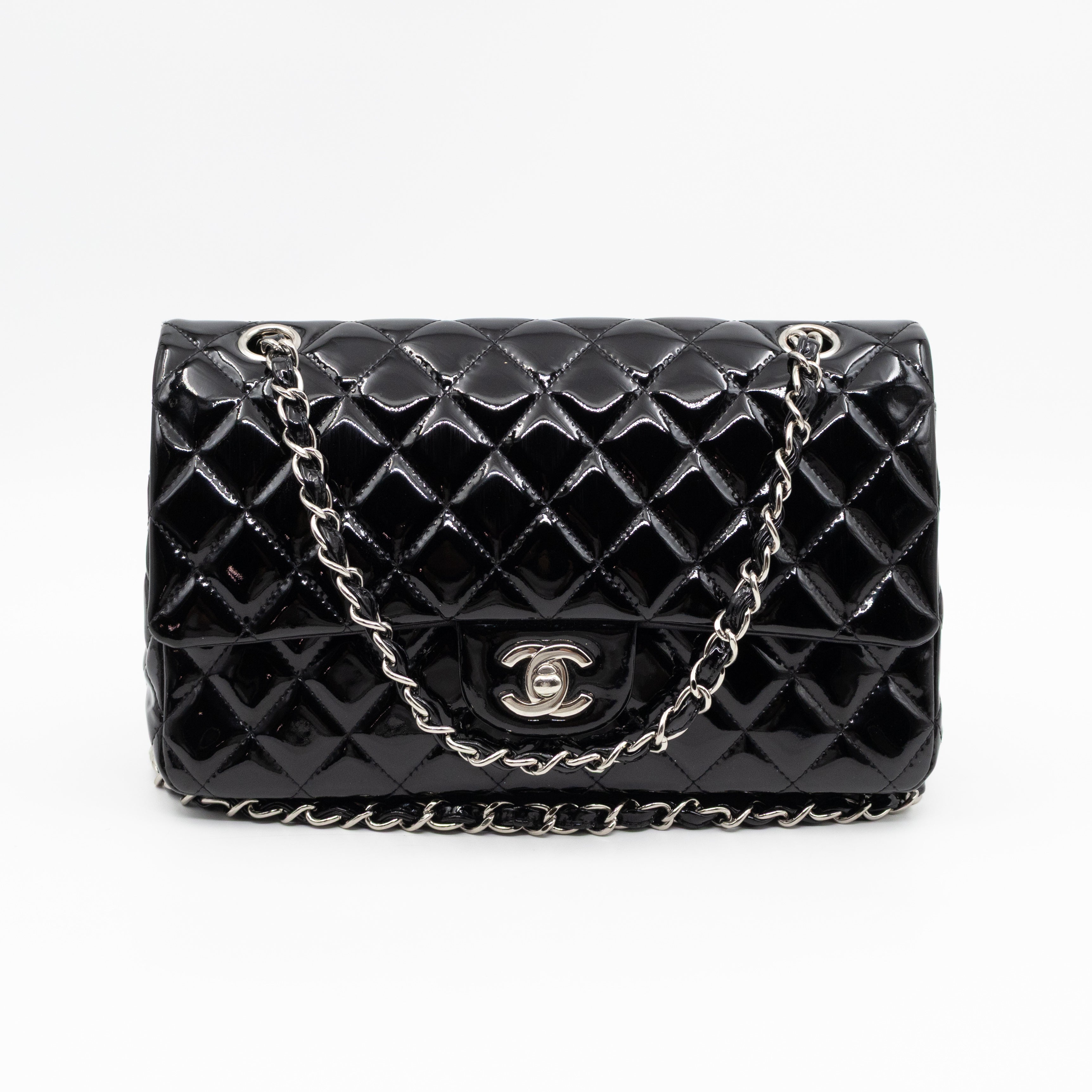 Classic Double Flap Medium Black Patent Leather Silver