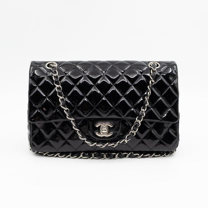 Classic Double Flap Medium Black Patent Leather Silver