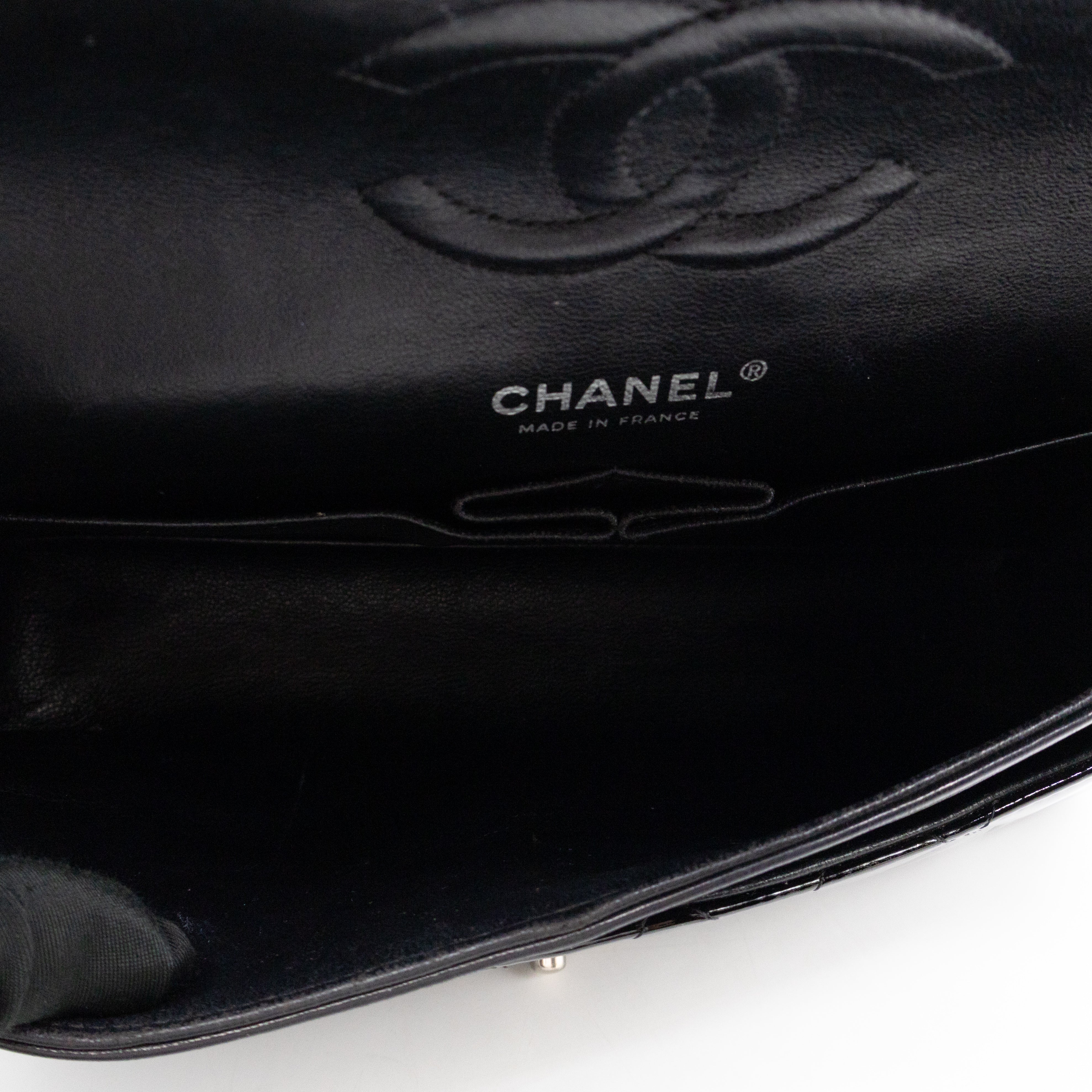 Classic Double Flap Medium Black Patent Leather Silver