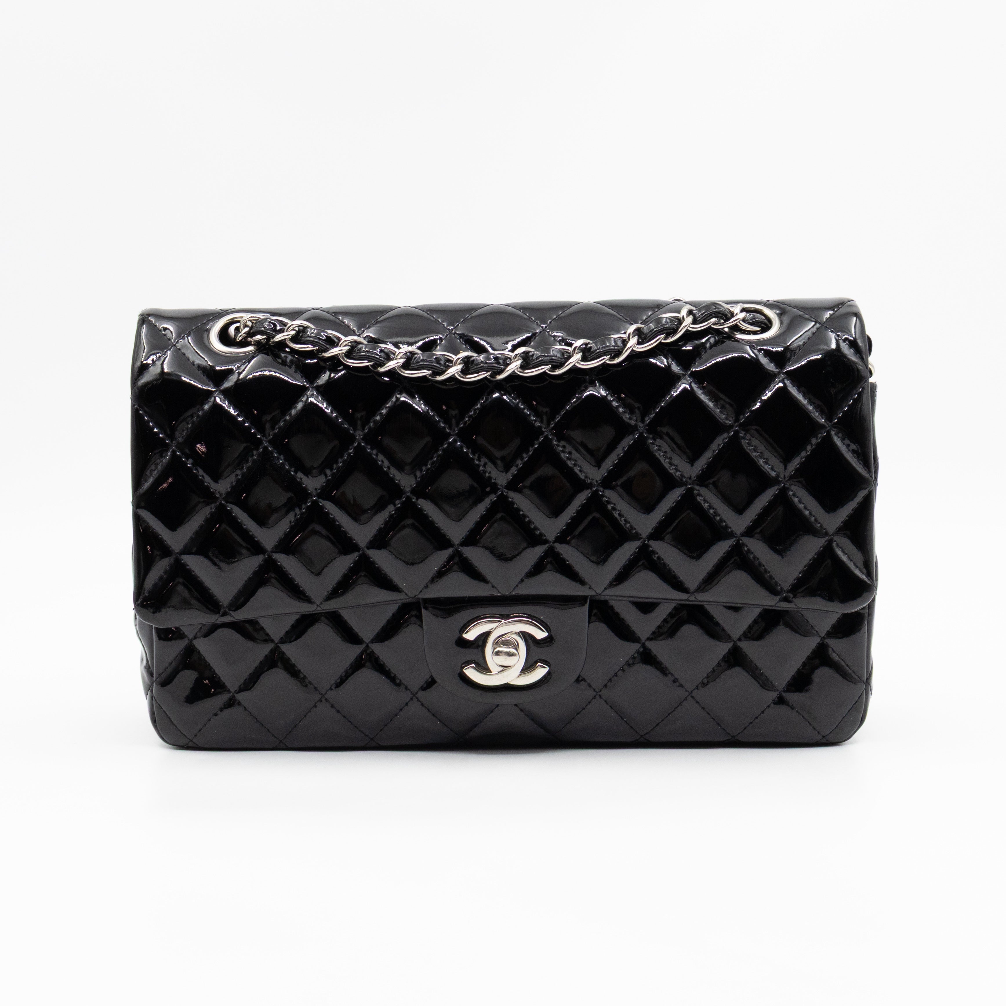 Classic Double Flap Medium Black Patent Leather Silver