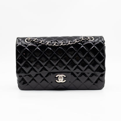 Classic Double Flap Medium Black Patent Leather Silver