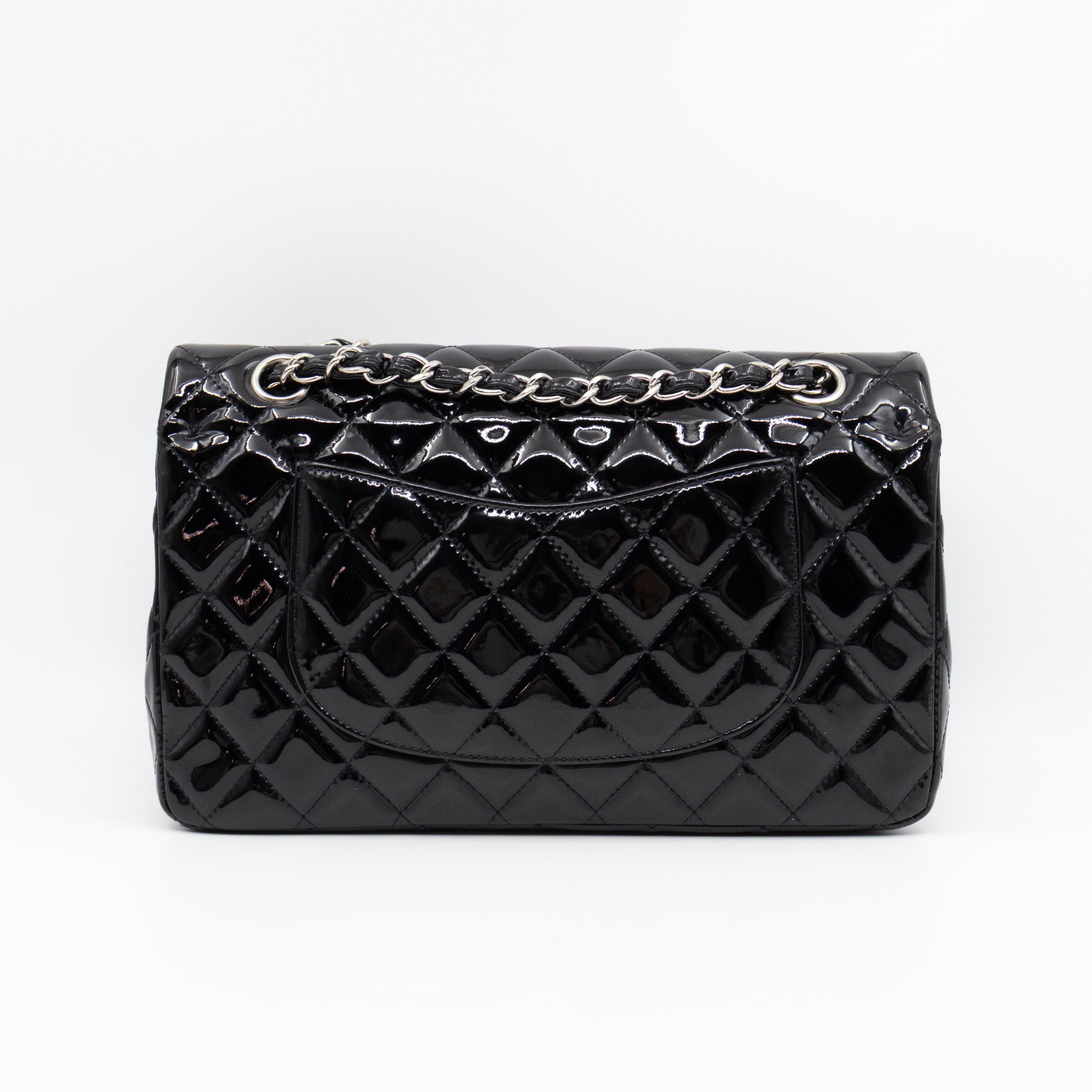 Classic Double Flap Medium Black Patent Leather Silver