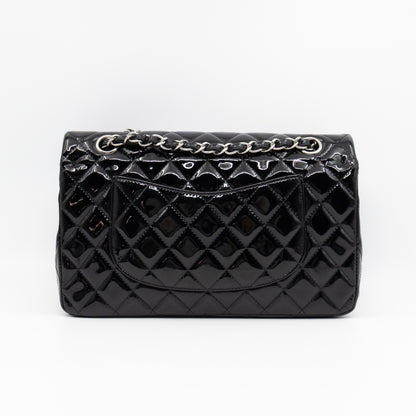 Classic Double Flap Medium Black Patent Leather Silver