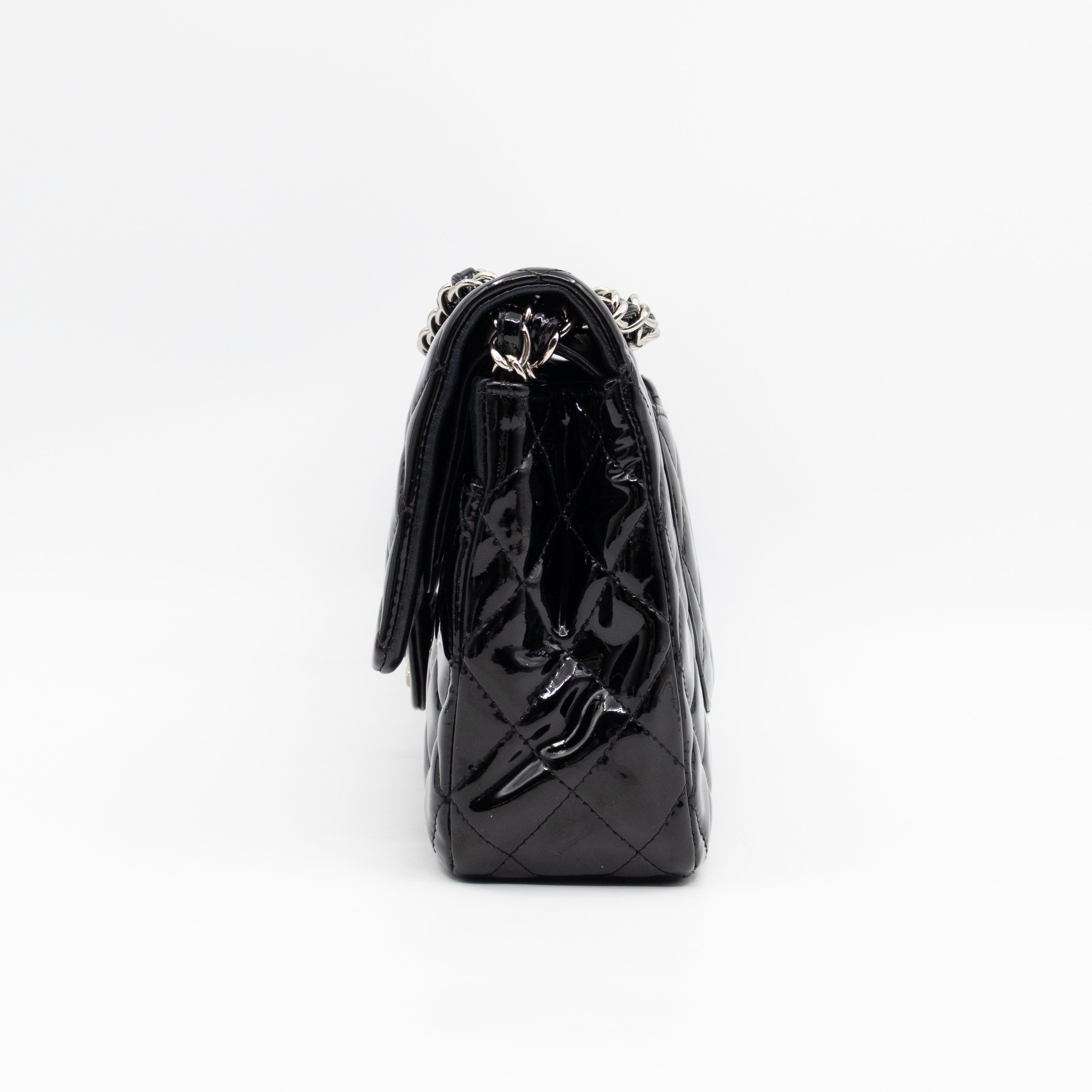Classic Double Flap Medium Black Patent Leather Silver