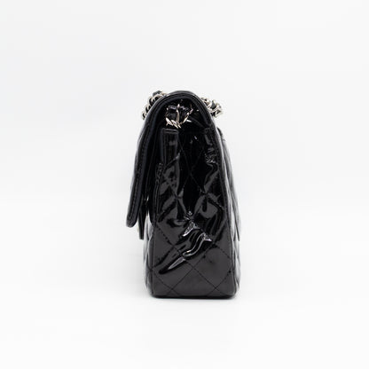 Classic Double Flap Medium Black Patent Leather Silver