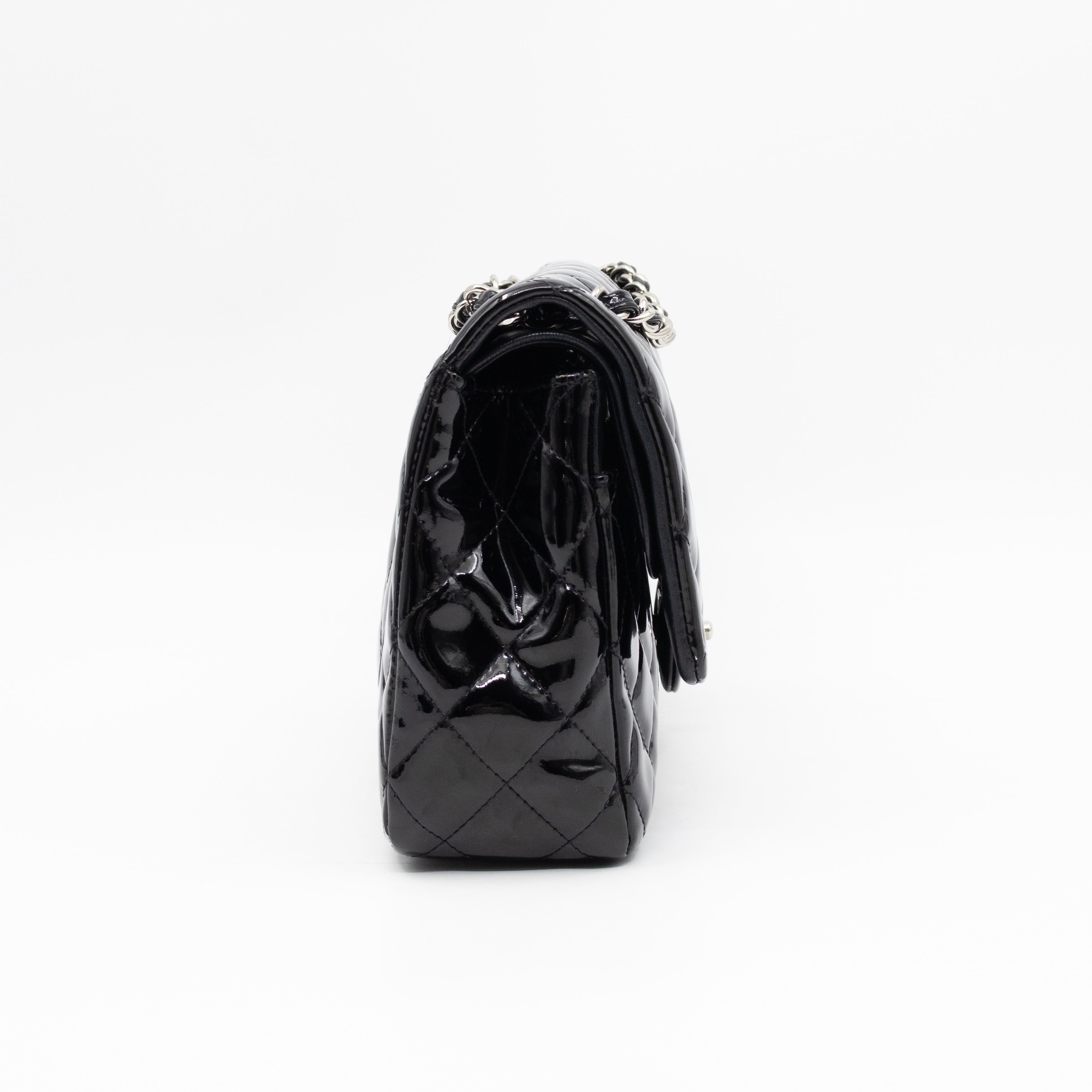 Classic Double Flap Medium Black Patent Leather Silver