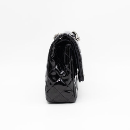 Classic Double Flap Medium Black Patent Leather Silver