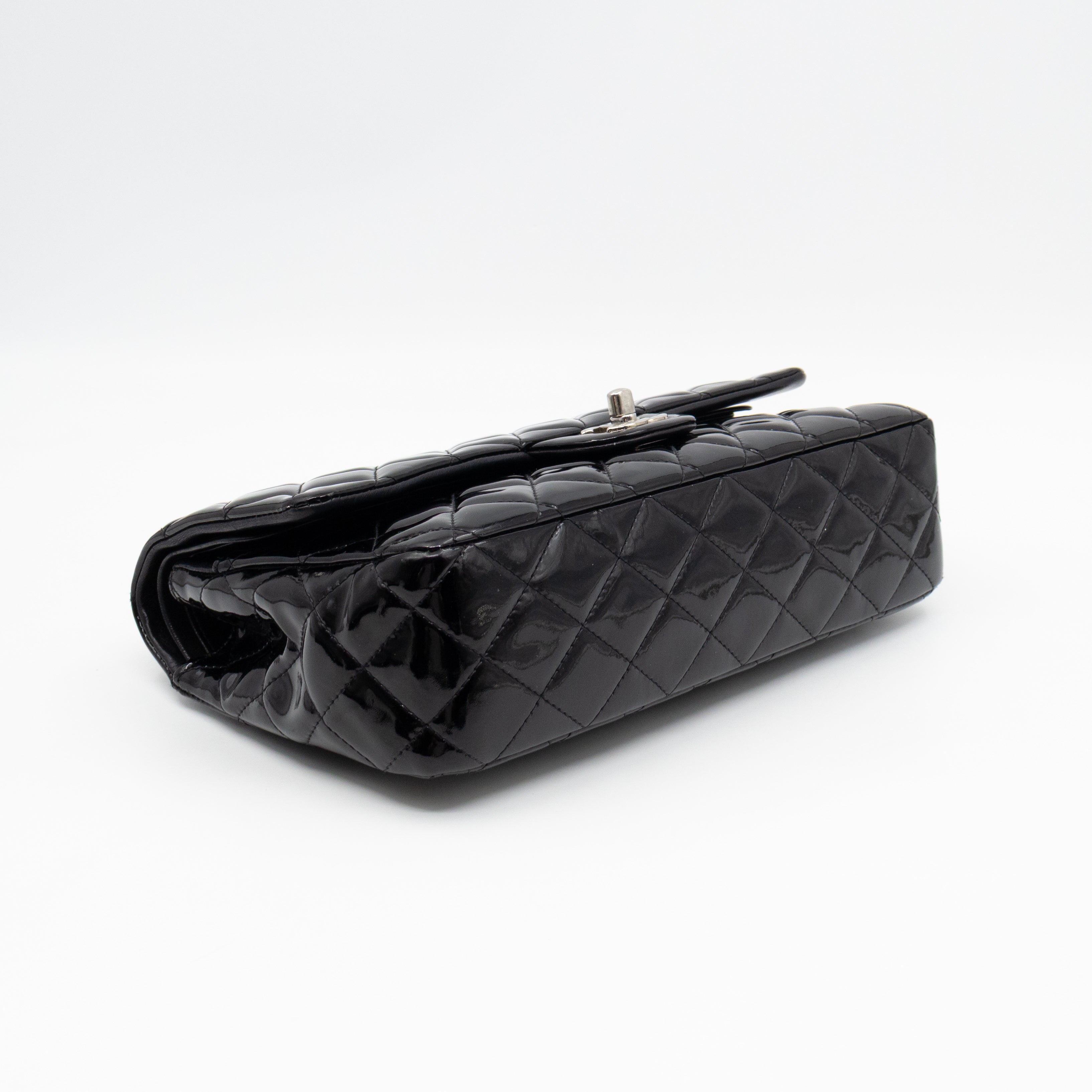 Classic Double Flap Medium Black Patent Leather Silver
