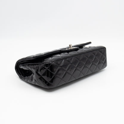 Classic Double Flap Medium Black Patent Leather Silver