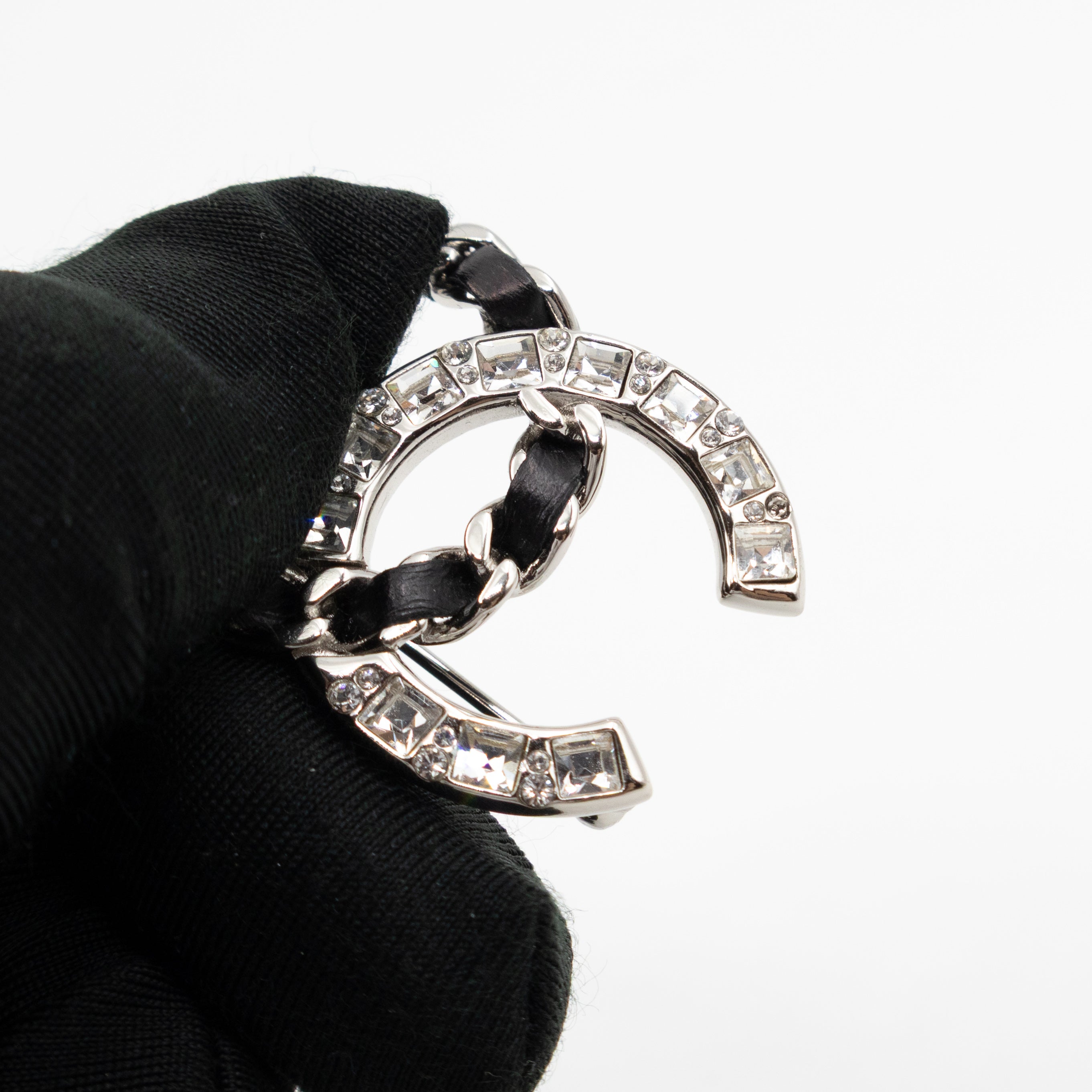 CC Crystal & Leather Silver-tone Brooch