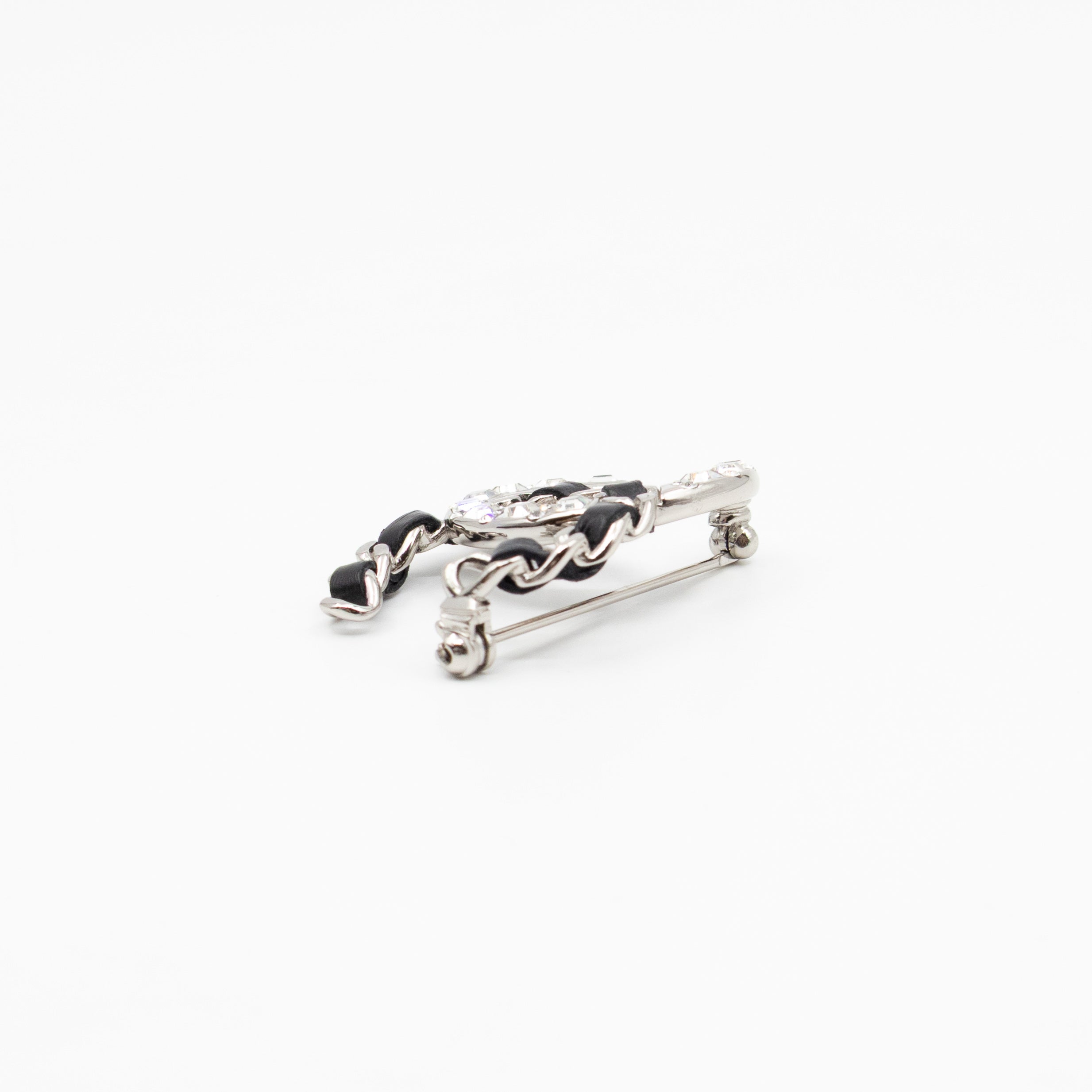 CC Crystal & Leather Silver-tone Brooch