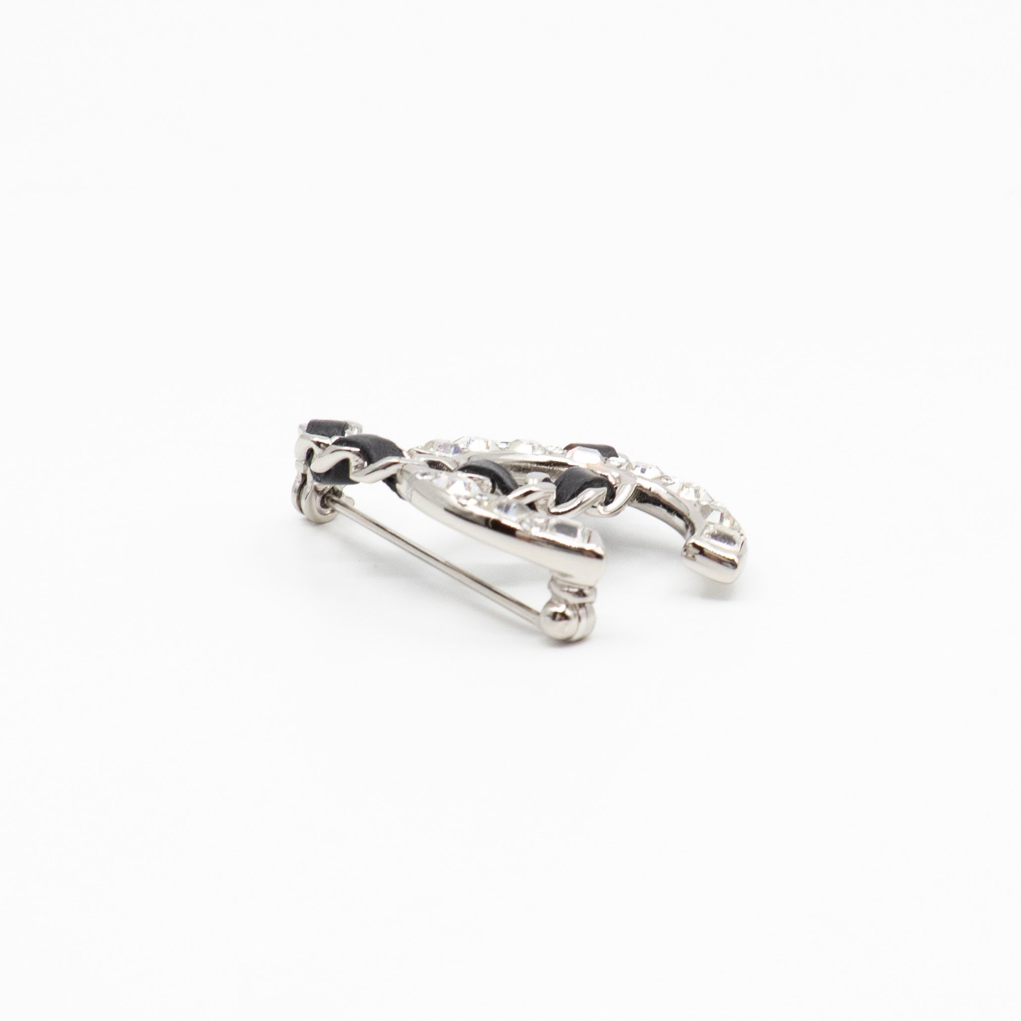 CC Crystal & Leather Silver-tone Brooch