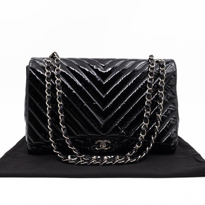 Classic Single Flap Maxi Black Chevron Patent Silver