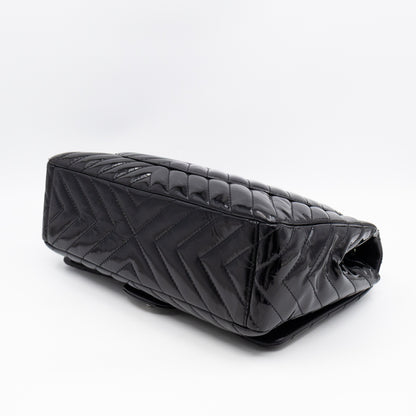 Classic Single Flap Maxi Black Chevron Patent Silver