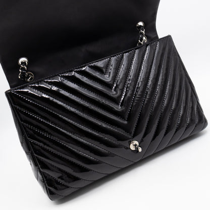 Classic Single Flap Maxi Black Chevron Patent Silver